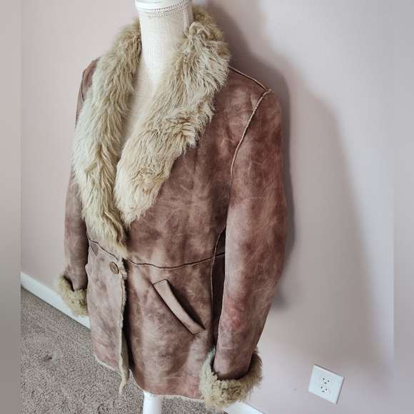 🥰 Vintage Y2K OUTBROOK "Penny Lane" Faux Suede/Faux Fur Overcoat, Distressed, M - Picture 3 of 16